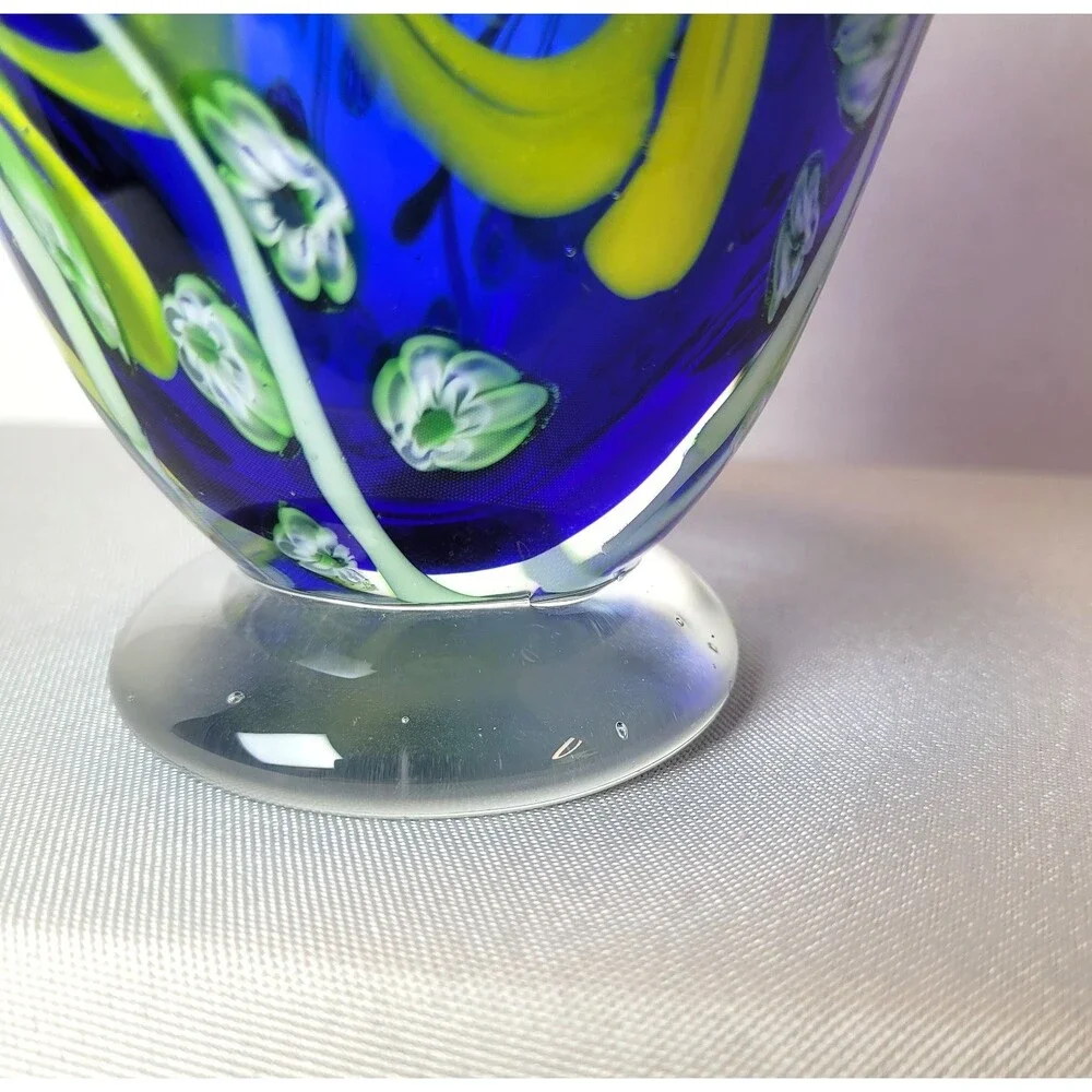 Kusak Art Glass Paperweight Pedestal Vase Cobalt Blue with Cased Flowers 5.5”